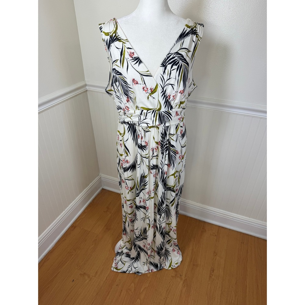 Ann Taylor‎ Maxi Dress Women L Petite Tropical Palm Floral Surplice Sleeveless